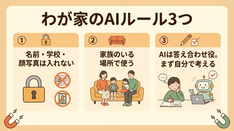 子どもがAIチャットを使う前の家庭ルール3つをまとめたポスター風の図。個人情報を入れない、家族のいる場所で使う、AIは答え合わせ役の3項目