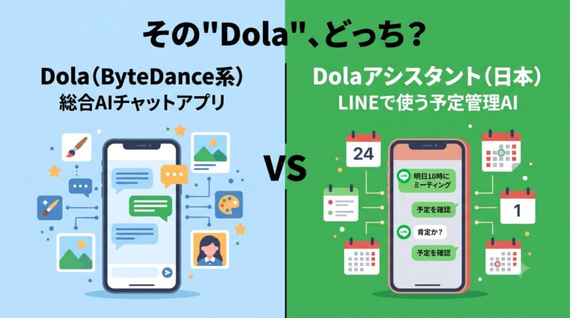 ByteDance系のDola AIと日本のDolaアシスタントの違いを左右で比較した図。総合AIチャットとLINEで使う予定管理AIという別サービスであることを示す