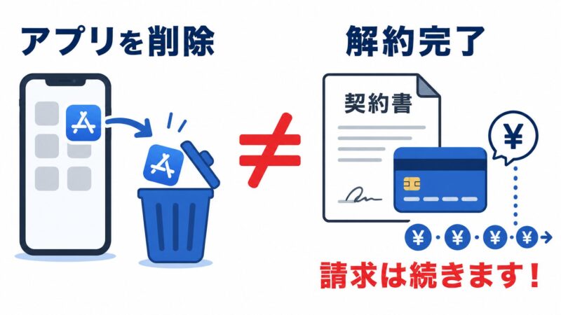 アプリの削除と解約は別であることを示す対比図。Impulseはアンインストールしても請求が続くため解約手続きが必要