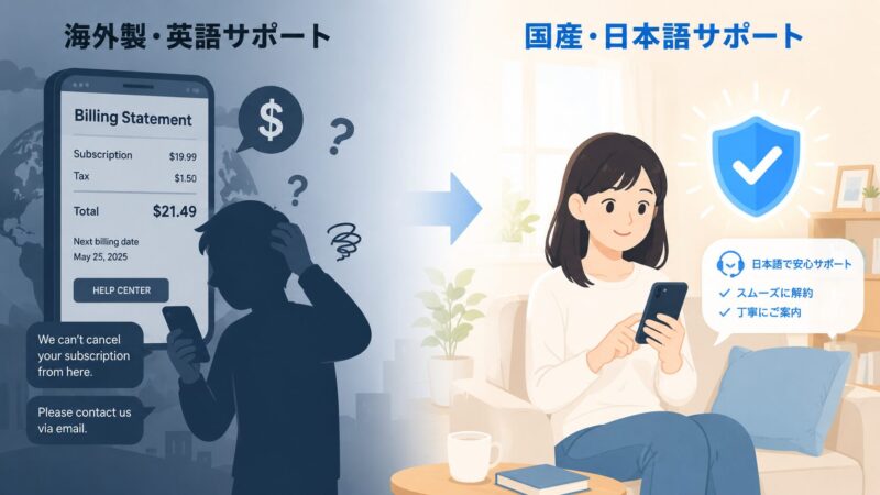 海外製アプリの契約不安と、国産で日本語サポートのメンタルケアアプリAwarefyの安心感を対比したイメージイラスト