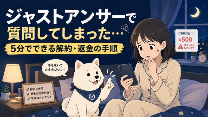 ジャストアンサーで質問してしまった人向けの解説記事アイキャッチ。深夜にスマホの500円請求表示を見て不安になる女性と、解約・返金手順を案内する白い犬のキャラクターのイラスト