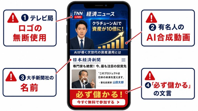 クラチェーンAIの偽広告に隠された4つの仕掛けを解説する図。テレビ局ロゴの無断使用、有名人のAI合成動画、新聞社名の悪用、必ず儲かるの文言に警告マーク