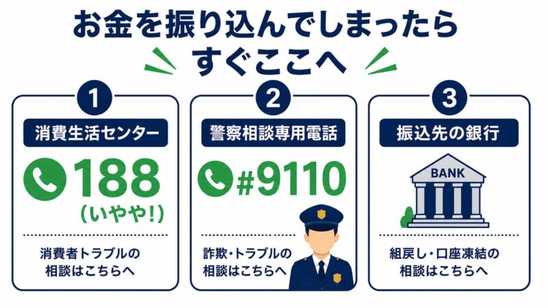 クラチェーンAIでお金を振り込んでしまった場合の相談先早見表。消費生活センター188、警察相談専用電話#9110、振込先銀行への組戻し相談の3つの窓口を紹介