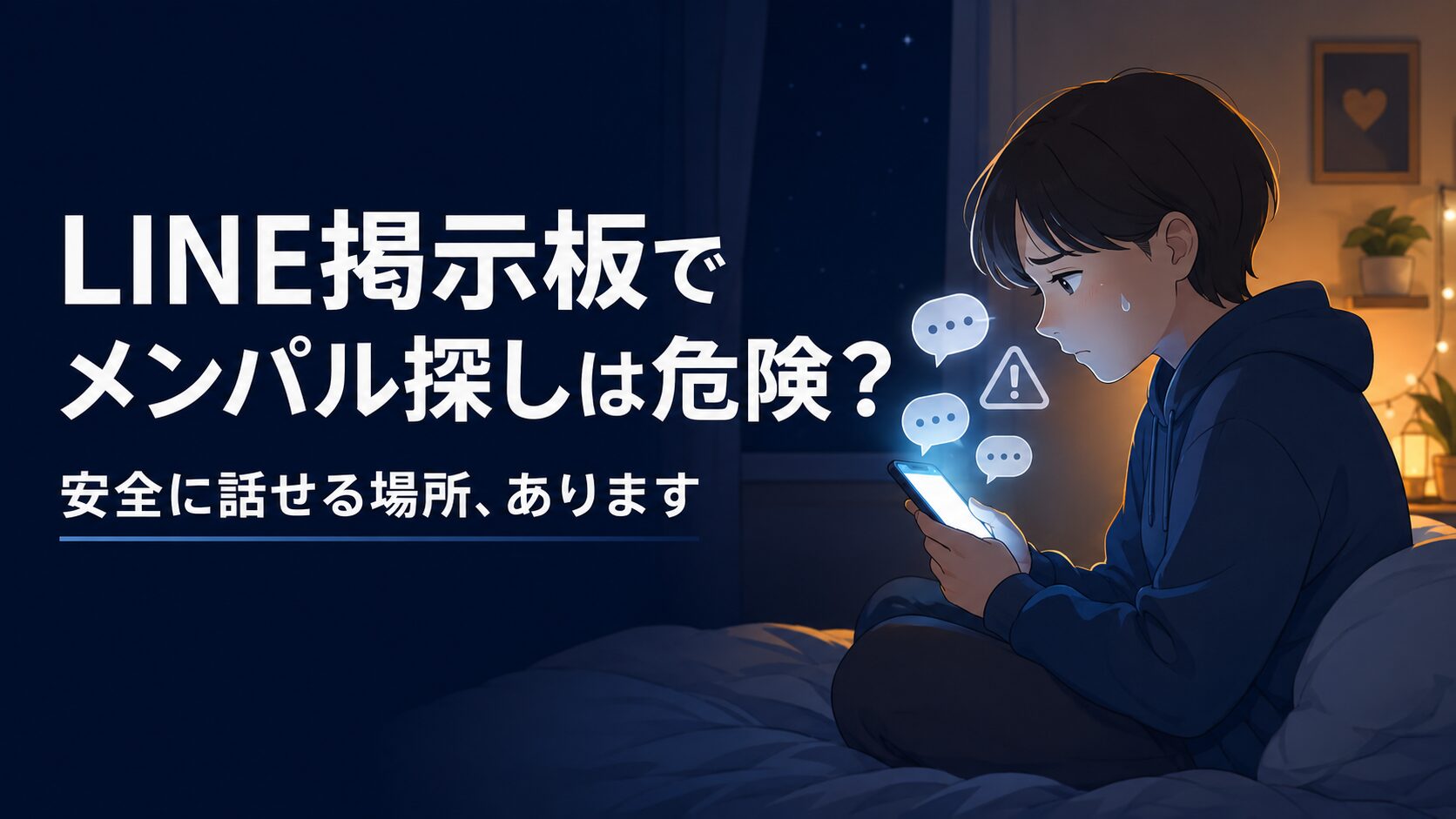 夜の寝室でスマホを不安そうに見る人物のイラスト。LINE掲示板でメンタル友達「メンパル」を探す危険性と安全な相談先を解説する記事のアイキャッチ画像
