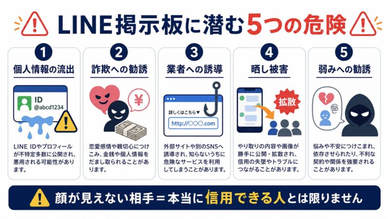LINE掲示板に潜む5つの危険性を示すインフォグラフィック。個人情報の流出、詐欺への勧誘、業者への誘導、晒し被害、弱みにつけ込む勧誘の5項目をアイコン付きで一覧化