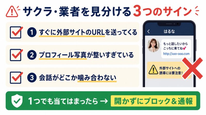 LINE掲示板でサクラや業者を見分ける3つのサインのチェックリスト。外部URLの送付、整いすぎた写真、噛み合わない会話に注意し、当てはまればブロックと通報を推奨