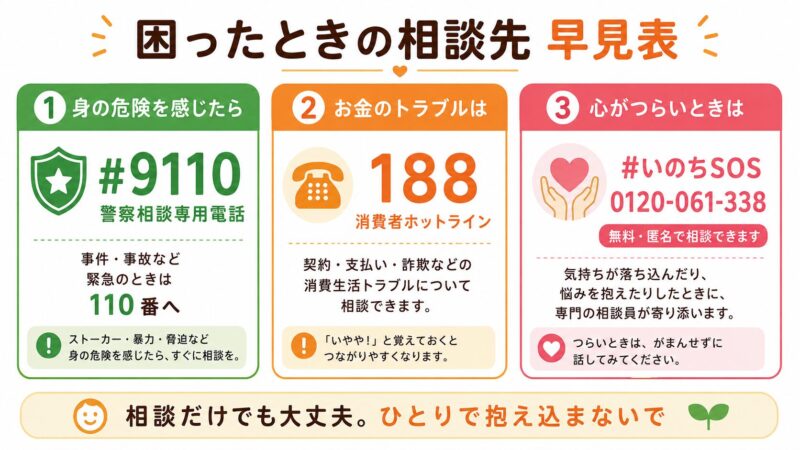 困りごと別の相談窓口早見表。身の危険は警察相談専用電話#9110、お金のトラブルは消費者ホットライン188、心のつらさは#いのちSOSに無料・匿名で相談できることを紹介
