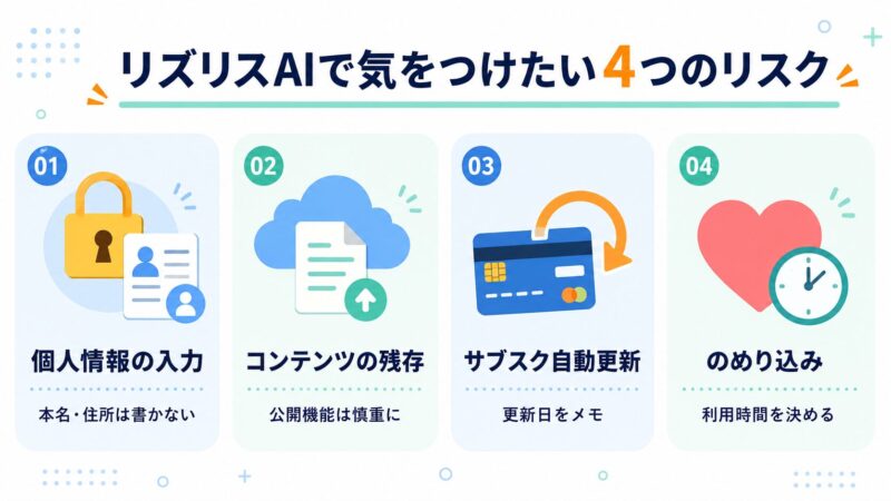リズリスAIの4つのリスク図解。個人情報の入力、コンテンツの残存、サブスク自動更新、のめり込みの4項目と、それぞれのひとこと対策を一覧で示したインフォグラフィック