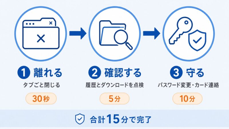 危険サイトを開いた直後にやる3ステップの図解。タブを閉じる30秒、履歴とダウンロードの確認5分、パスワード変更など10分の流れを矢印で示している。