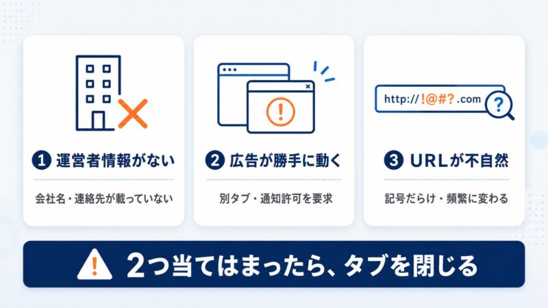 危険なサイトを見分ける3つのサインを示す図解。運営者情報がない、広告が勝手に動く、URLが不自然の3項目と、2つ当てはまったらタブを閉じる判断基準。