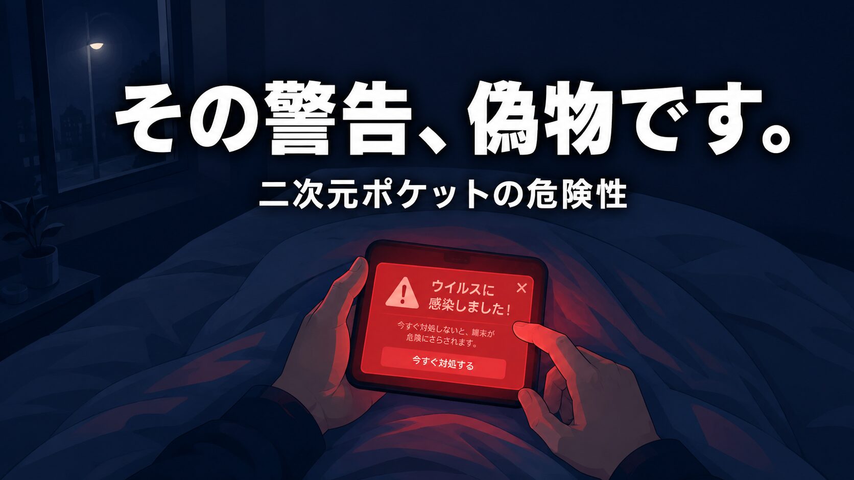 深夜にスマートフォンで二次元ポケットを開き、赤い偽の感染警告が表示された場面のイラスト。二次元ポケットの危険性と偽警告の正体を解説する記事のアイキャッチ画像。