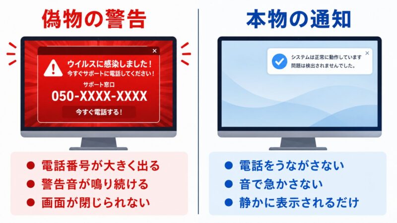 偽のウイルス感染警告と本物の通知を左右で比較した図解。電話番号の表示、警告音、画面が閉じられないなど偽警告に共通する3つの特徴を示している。