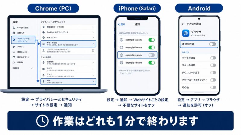 ブラウザ通知を止める手順を端末別に示した図解。ChromeのPC、iPhoneのSafari、Androidそれぞれの設定画面から通知をオフにする流れを解説している。