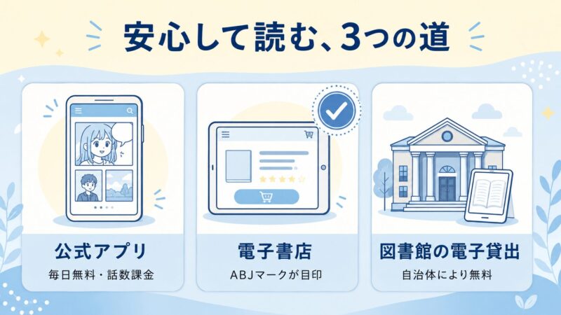 安心して漫画を読む3つの方法を示すイラスト。出版社の公式アプリ、ABJマークのある電子書店、公共図書館の電子貸出それぞれの特徴と費用感を紹介。
