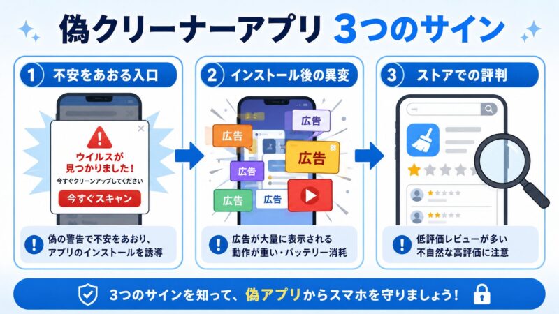 偽クリーナーアプリを見分ける3つのサインの図解。不安をあおる入口・インストール後の異変・ストアでの評判の3ステップを示すインフォグラフィック