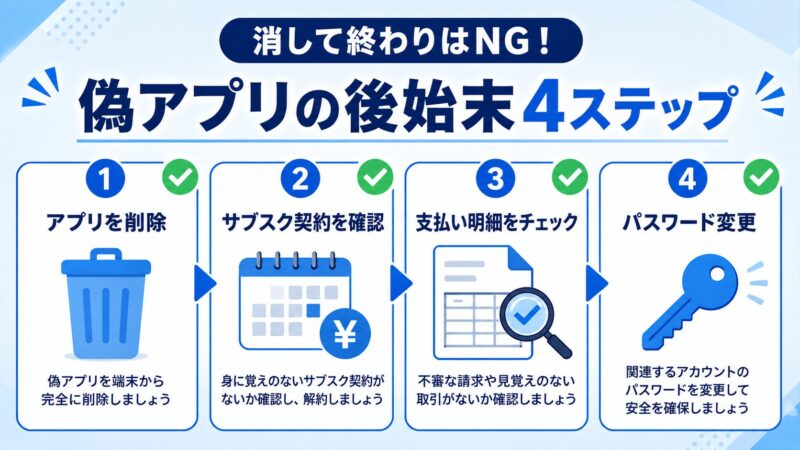 偽クリーナーアプリを入れてしまった時の後始末4ステップ。アプリ削除・サブスク契約確認・支払い明細チェック・パスワード変更のチェックリスト図解