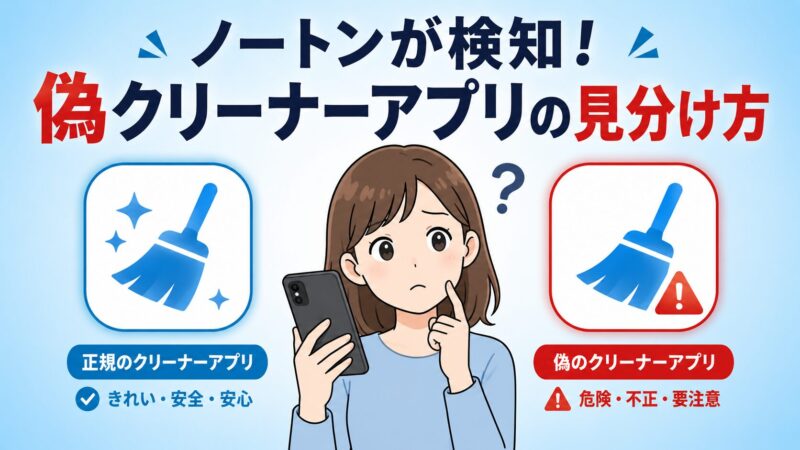 ノートンが検知する偽クリーナーアプリのイメージ。本物そっくりの偽アプリアイコンと正規のほうきモチーフアイコンを見比べて迷う女性のイラスト