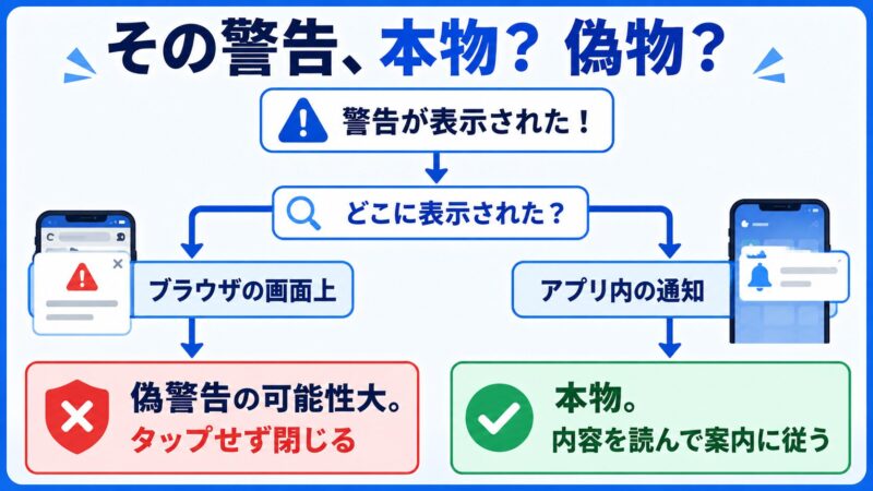 ノートンの警告が本物か偽物かを判断するフローチャート。ブラウザ上の表示なら偽警告の可能性大、アプリ内通知なら本物として対処する流れを図解