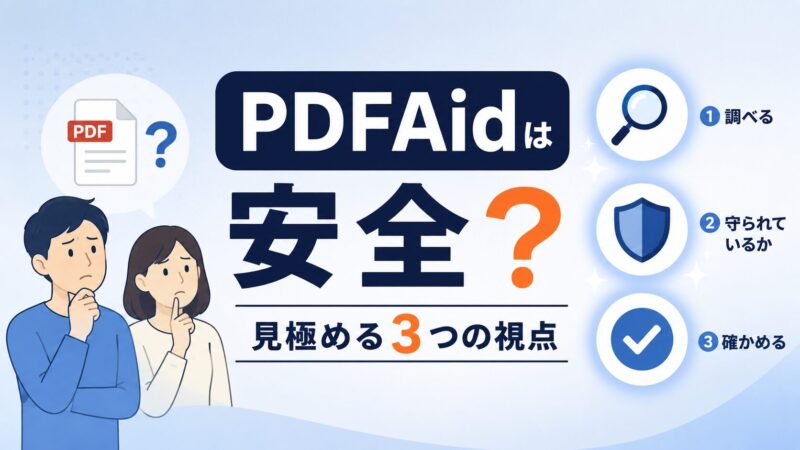 PDFAidは安全?と不安を感じるユーザーと、運営元・料金・データの3つの視点で安全性を見極めることを示すアイキャッチ画像