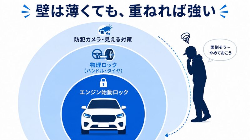 車の盗難対策における多層防御の概念図。エンジン始動ロック・物理ロック・防犯カメラの3層で車を守り窃盗犯を諦めさせる仕組みを同心円で表現