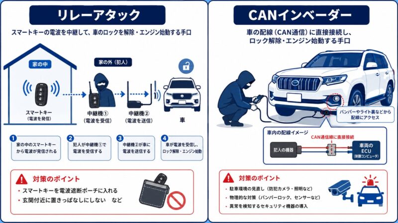 リレーアタックとCANインベーダーの仕組みを比較した図解。スマートキーの電波中継と車両配線への直接接続という2つの盗難手口の流れを矢印で解説