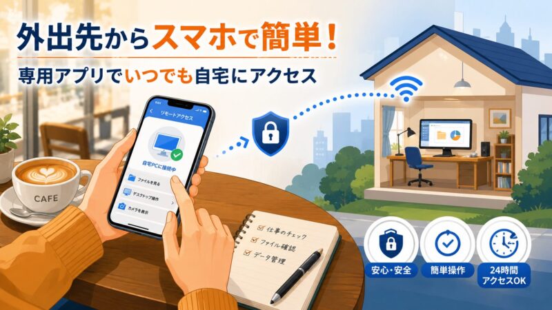 カフェなどの外出先から、スマートフォン専用アプリを使って簡単に自宅のパソコンやデータへアクセスしている様子を描いたイメージ。