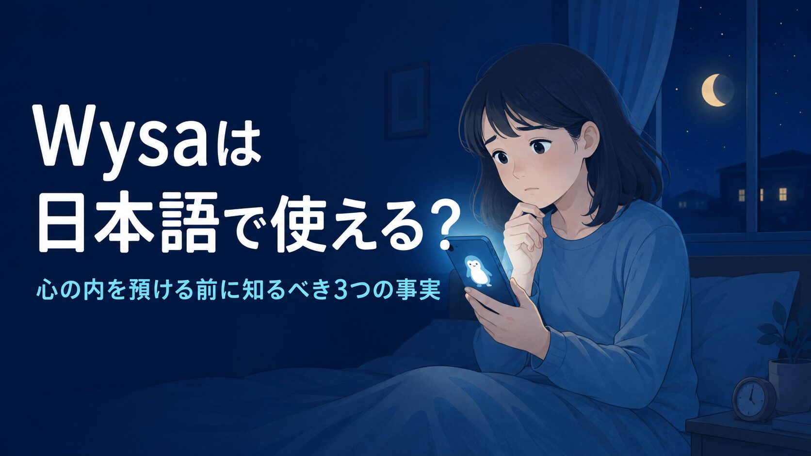深夜のベッドでスマホを見つめる人物とペンギンAIのイラスト。Wysaは日本語で使えるのか、心の内を預ける前に知るべき3つの事実を解説する記事のアイキャッチ