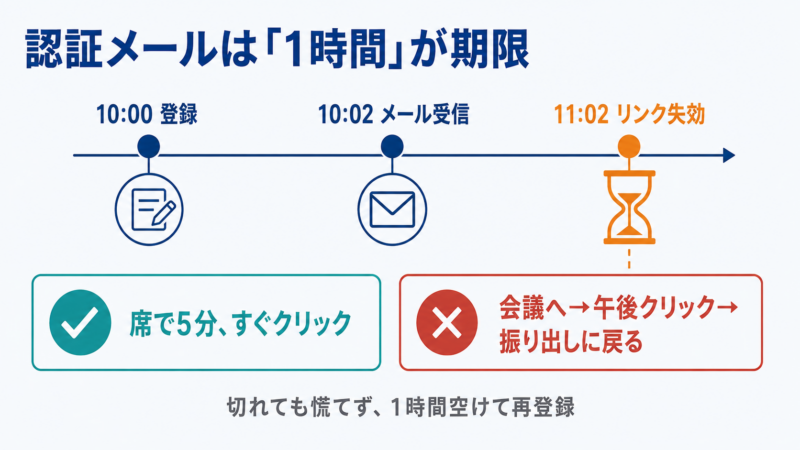 ESET PROTECT Hubの認証メールのリンクが1時間で失効することを、登録から失効までの時刻で示したタイムライン図解。