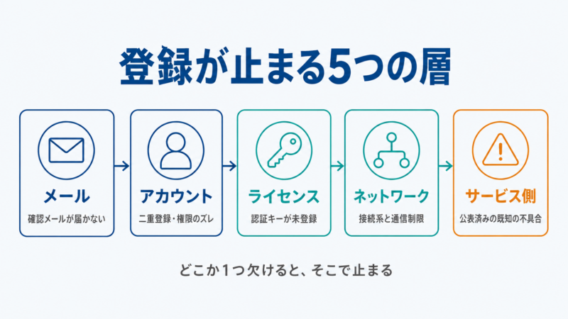 ESET PROTECT Hubの登録が止まる5つの層(メール・アカウント・ライセンス・ネットワーク・サービス側)を横一列で示した図解。