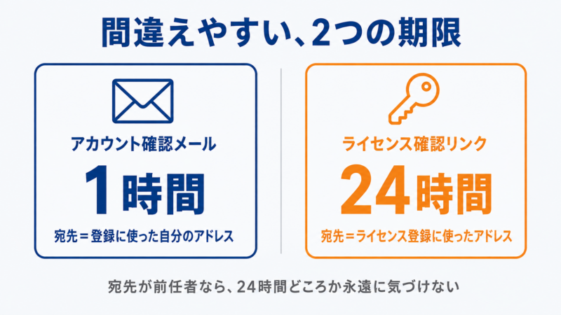 ESET PROTECT Hubのアカウント確認メールは1時間、ライセンス確認リンクは24時間という2つの有効期限を左右で比較した図解。