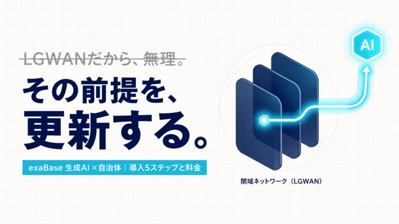 LGWAN環境の自治体でexaBase生成AIを導入する方法を解説する記事のアイキャッチ。閉域網から外部AIへ経路が通る図と導入5ステップ・料金を示すキャッチコピー