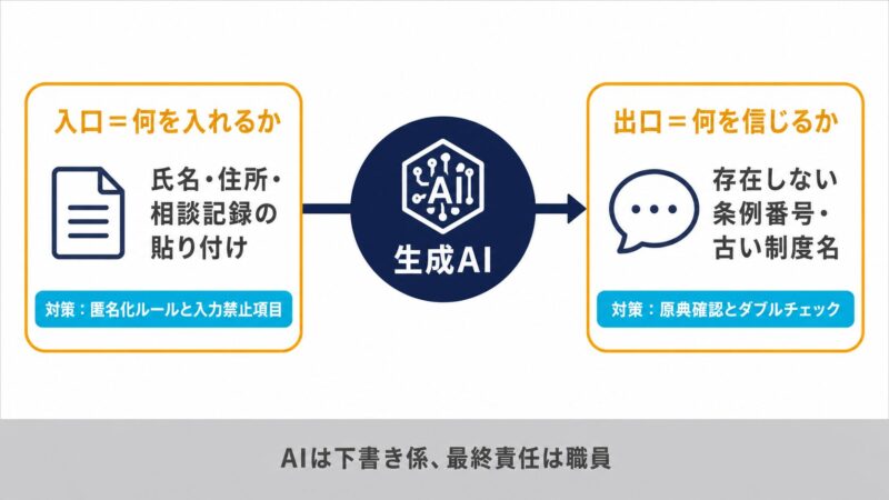 生成AI利用時のリスクを入口と出口に分けて示した図。入口は個人情報の入力、出口は誤った条例名などのハルシネーションで、匿名化ルールと原典確認が対策と示す