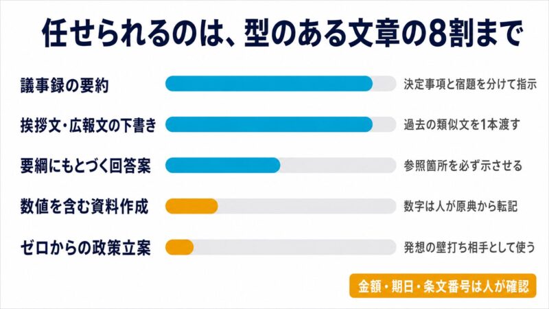 生成AIの得意・不得意を業務別ゲージで示した図。議事録要約や挨拶文の下書きは高評価、数値を含む資料作成やゼロからの政策立案は低評価で、金額や条文は人の確認が必要と示す