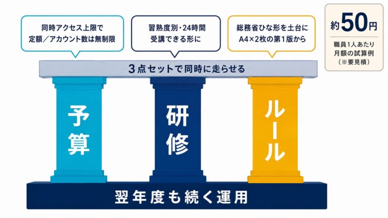 生成AI運用を継続するための3点セットを示す図。予算・研修・ルールを3本の柱で表し、職員1人あたり月額約50円という試算例を併記。1つでも欠けると継続が難しいと示す