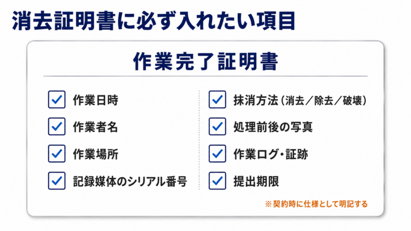 データ消去の作業完了証明書に記載すべき作業日時・シリアル番号・抹消方法・処理前後の写真などをまとめたチェックリスト