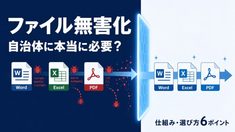 自治体のファイル無害化サービスの仕組みを示すイメージ図。セキュリティの壁を通過する際にファイルから危険な要素が取り除かれ、安全な形に作り直される流れを表している。