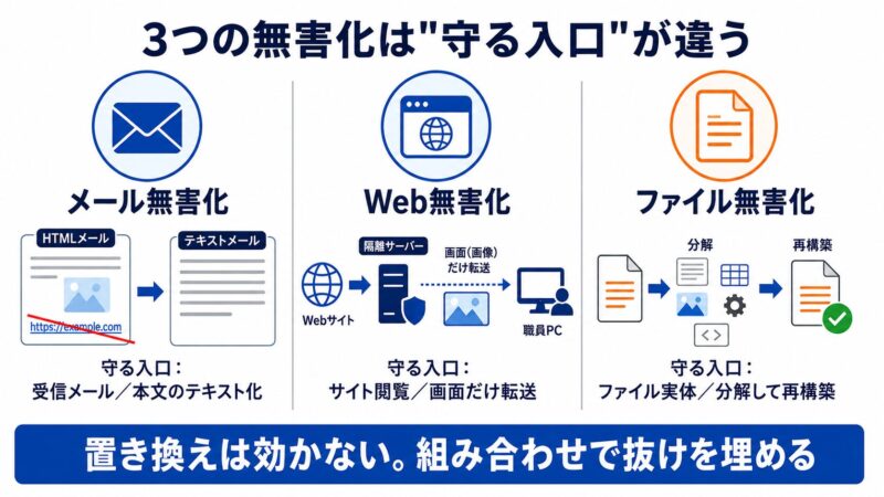 メール無害化・Web無害化・ファイル無害化の違いを比較した図。それぞれ守る入口が受信メール、サイト閲覧、ファイル実体と異なり、互いの代わりにならないことを示している。