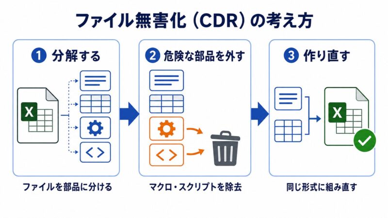 ファイル無害化(CDR)の3ステップを示す図。ファイルを分解し、マクロやスクリプトなど危険な部品を除去したうえで、同じ形式に作り直す流れを図解している。