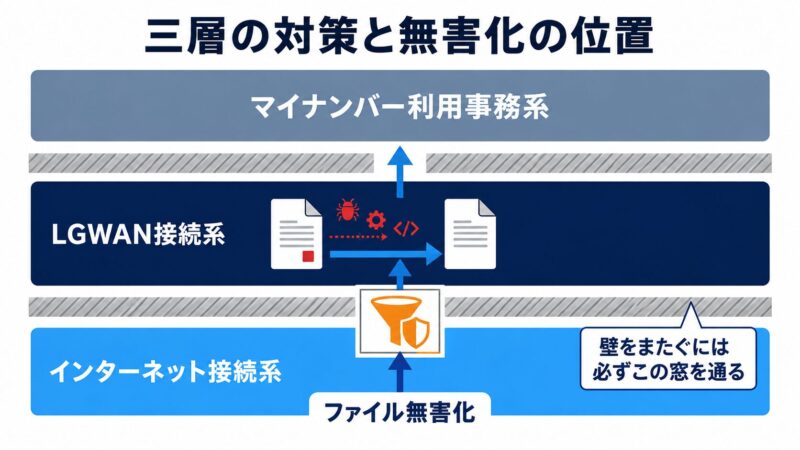 自治体の三層の対策を示す構造図。マイナンバー利用事務系、LGWAN接続系、インターネット接続系の3層と、その壁を越える唯一の窓としてファイル無害化が置かれる位置を図解。