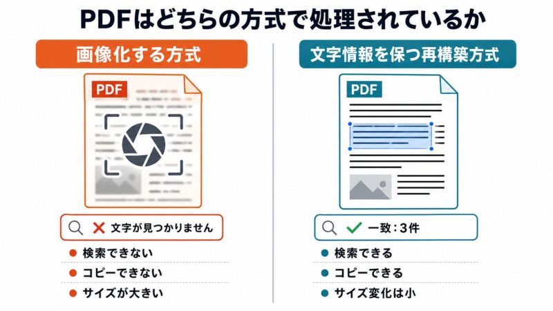無害化におけるPDF処理方式の比較図。画像化方式は文字の検索やコピーができずサイズも増える一方、文字情報を保つ再構築方式では検索とコピーが可能なことを示している。