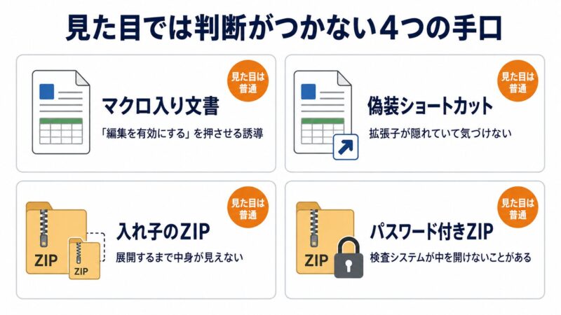 添付ファイルを使った攻撃の4つの手口を示す図。マクロ入り文書、偽装ショートカット、入れ子のZIP、パスワード付きZIPが、いずれも見た目では判別できないことを解説。