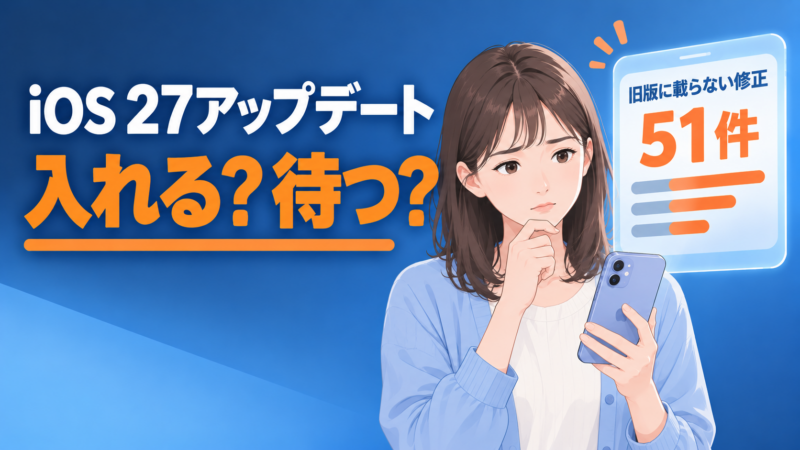 iOS 27アップデートのアイキャッチ。スマホを見て迷う女性の横に、同じ日の旧版のページに載らない修正が51件あったことを示すパネル