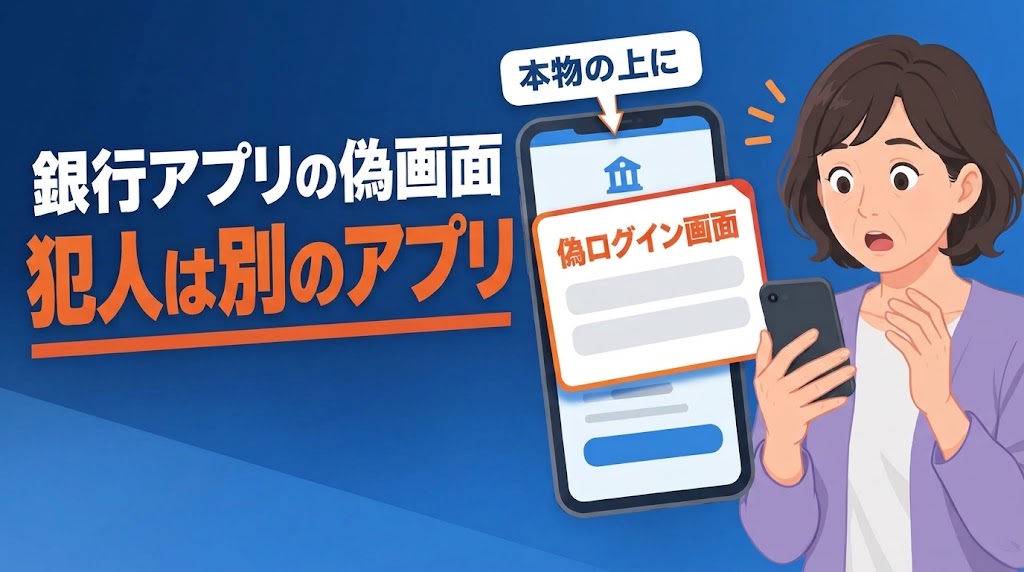 銀行アプリの偽画面のアイキャッチ。スマホを見て驚く女性の横に、本物の画面の上に偽のログイン画面が重なった様子を示すパネル