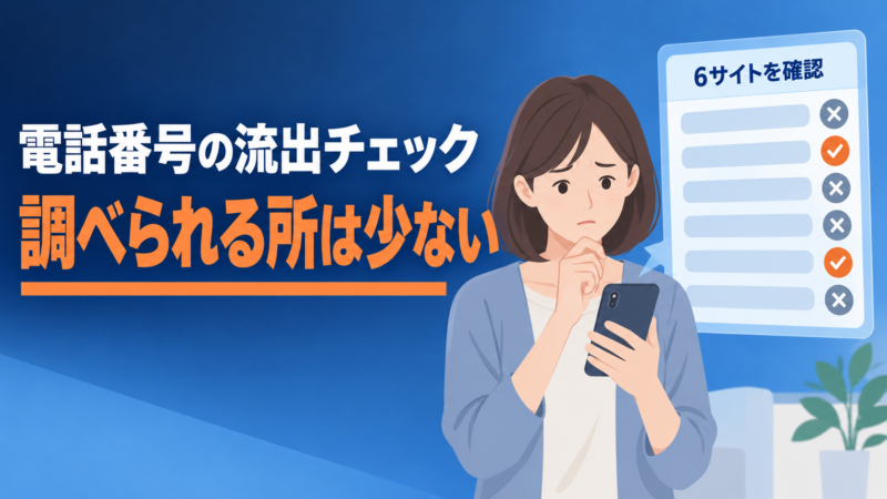 電話番号の流出チェックのアイキャッチ。スマホを見て不安そうな女性の横に、6つのチェックサイトを確かめ、電話番号で調べられたのは一部だったことを示すパネル